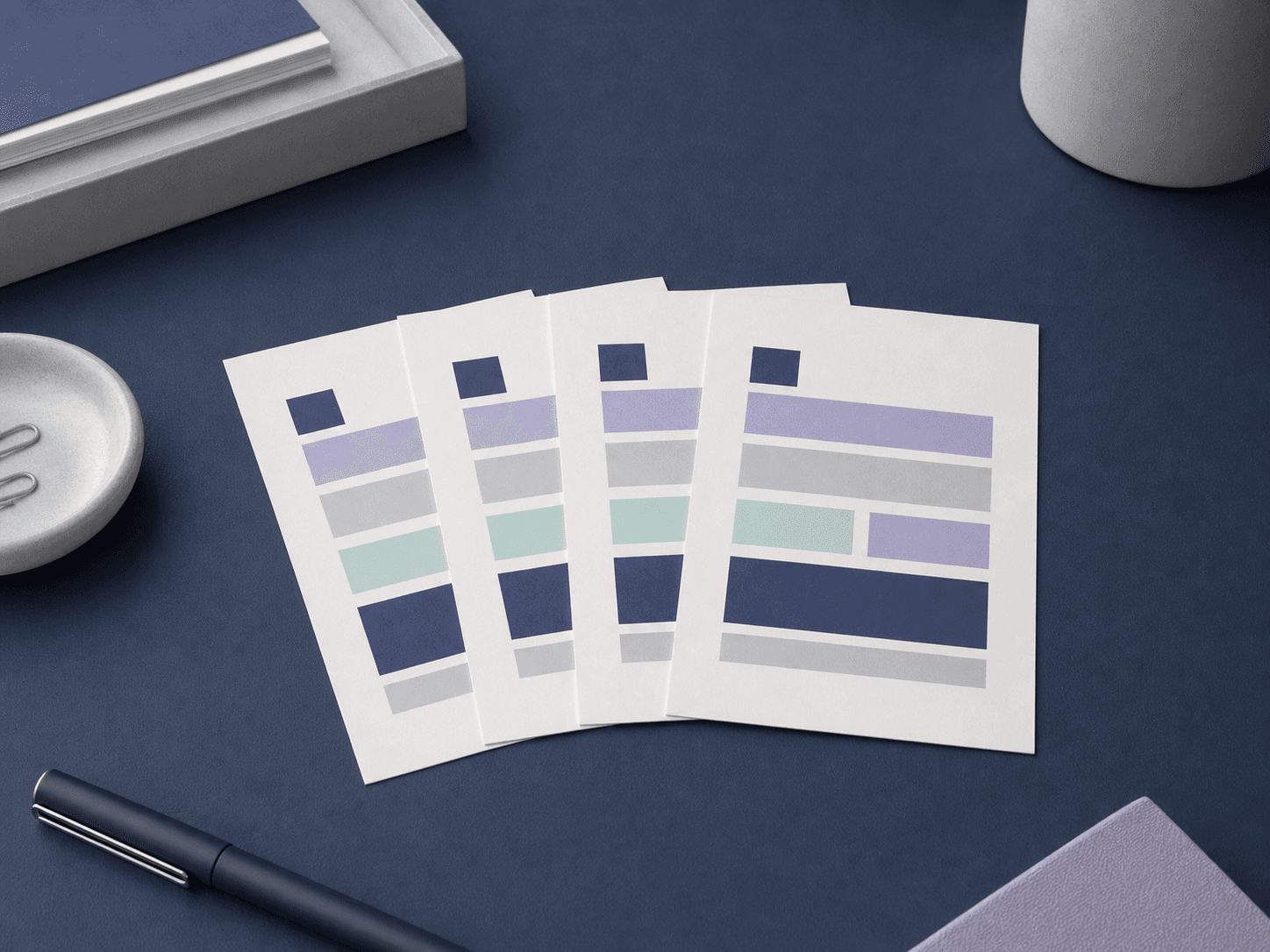 Four identical pale reference cards fanned in an even row on an indigo surface